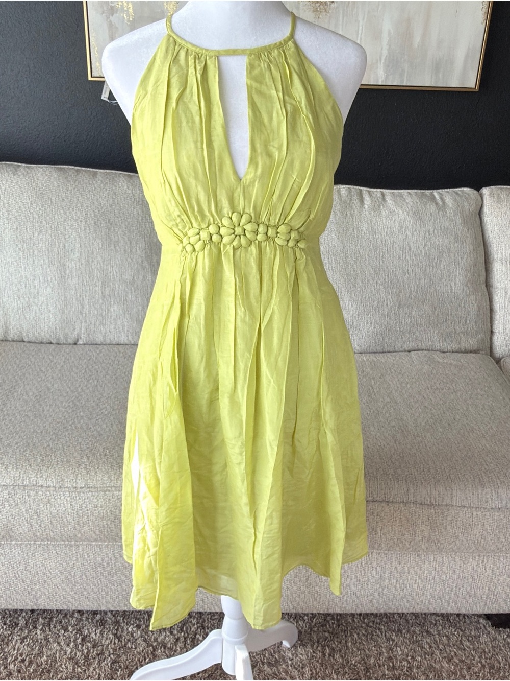 Esley Lemon Halter Midi Dress with Floral Waistband